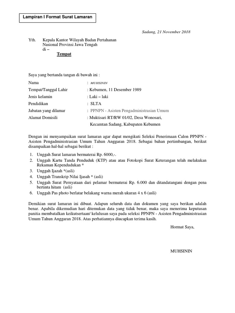 Contoh Surat Lamaran Kerja Ppnpn Contoh Surat