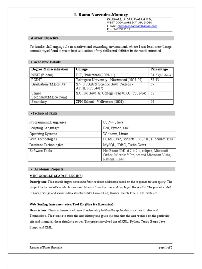 Resume of Rama Narendra Manney | PDF | Java Servlet | Java (Programming ...