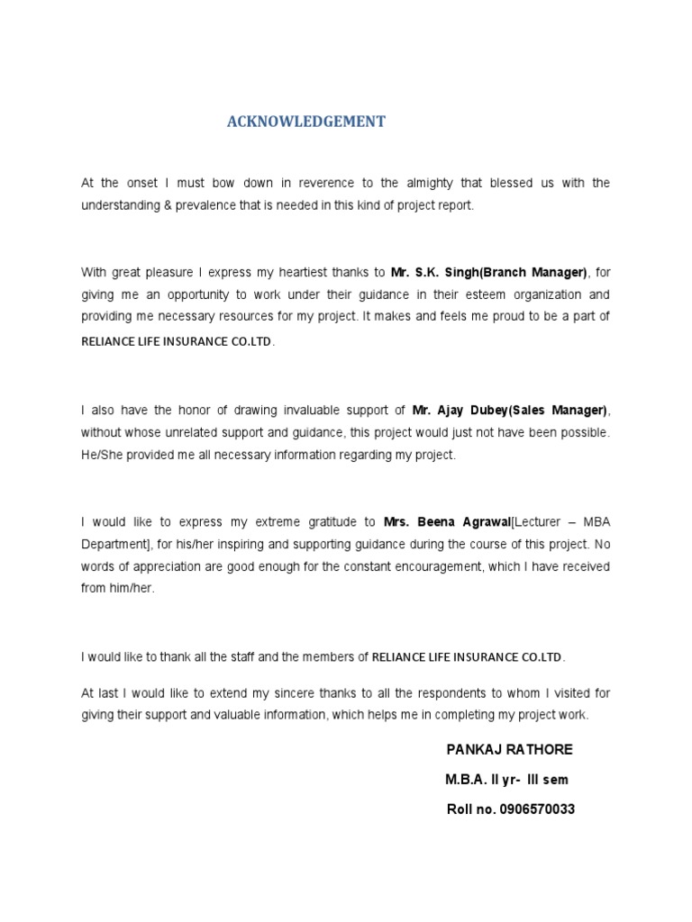 Acknowledgements for Project Report | PDF