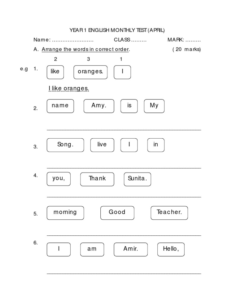 English Year1 Monthly Test April