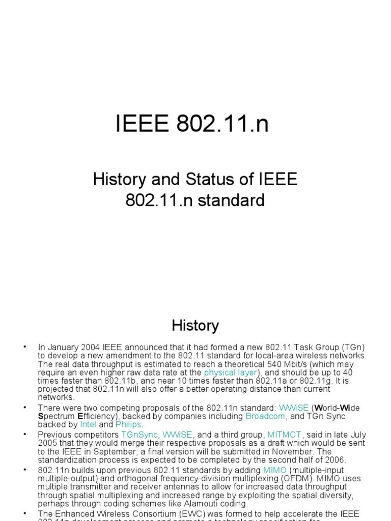 History and Status of IEEE 802.11.n Standard PDF Ieee 802.11 Mimo