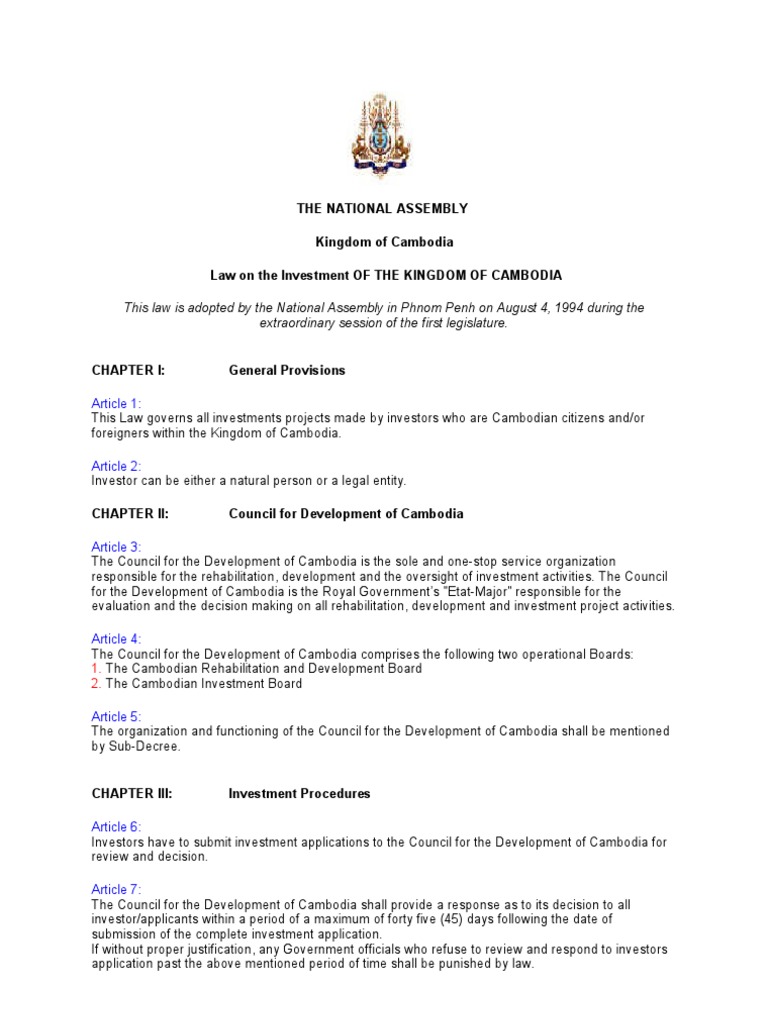 Investment Law in Cambodia Cambodia Employment Free 30day Trial