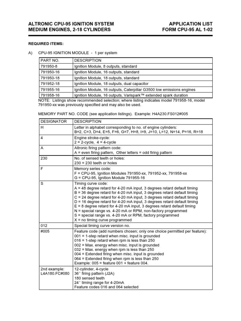 Altronic Cpu-95 Ignition System Application List Medium Engines, 2-18 ...