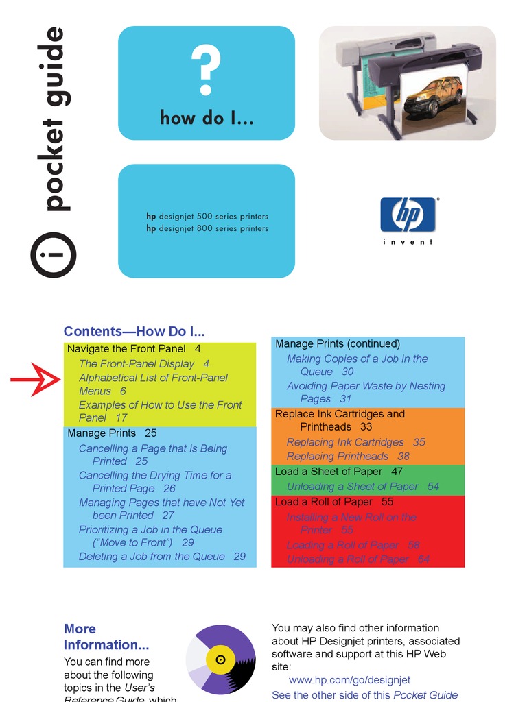 Hp Designjet 500 Series Pocket Guide Printer Computing Menu Computing