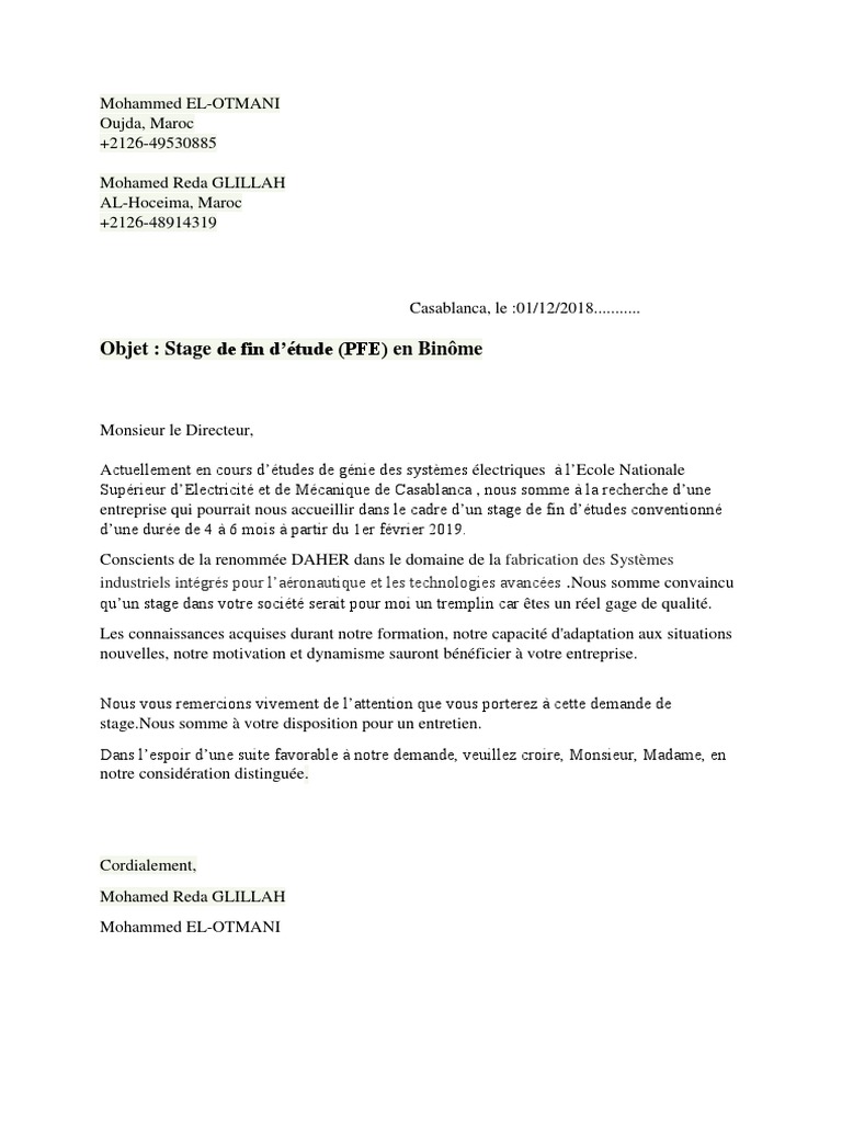 Formulaire pdf Lettre de présentation courte