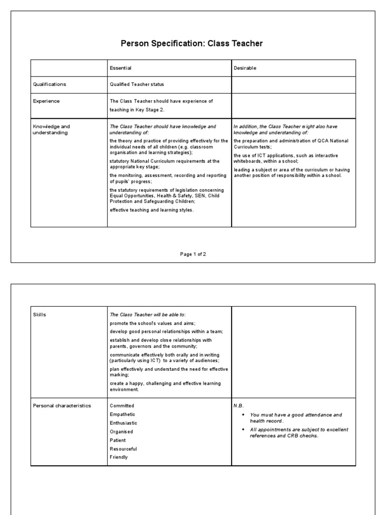 Class Teacher Person Specification Guide | PDF | Teachers | Curriculum