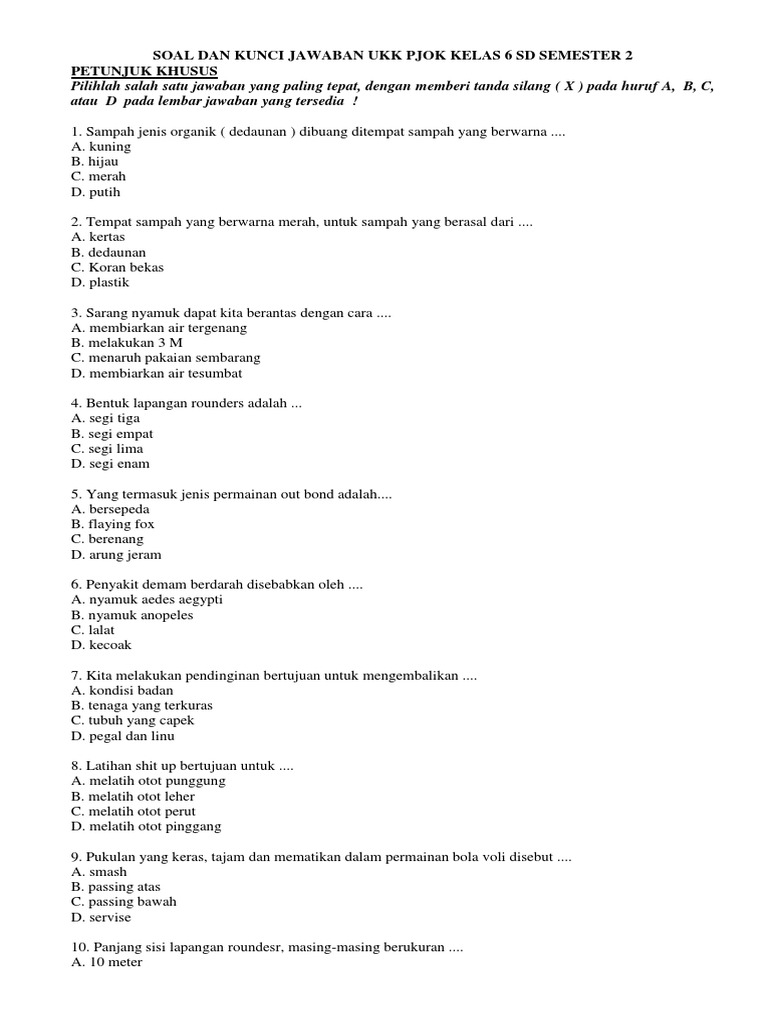 Soal Dan Kunci Jawaban Ukk Pjok Kelas 6 Sd Semester 2 Docx