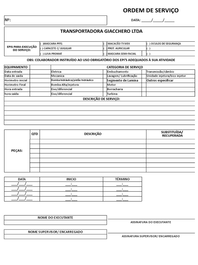 Modelo de Ordem de Serviço Veículos Motores