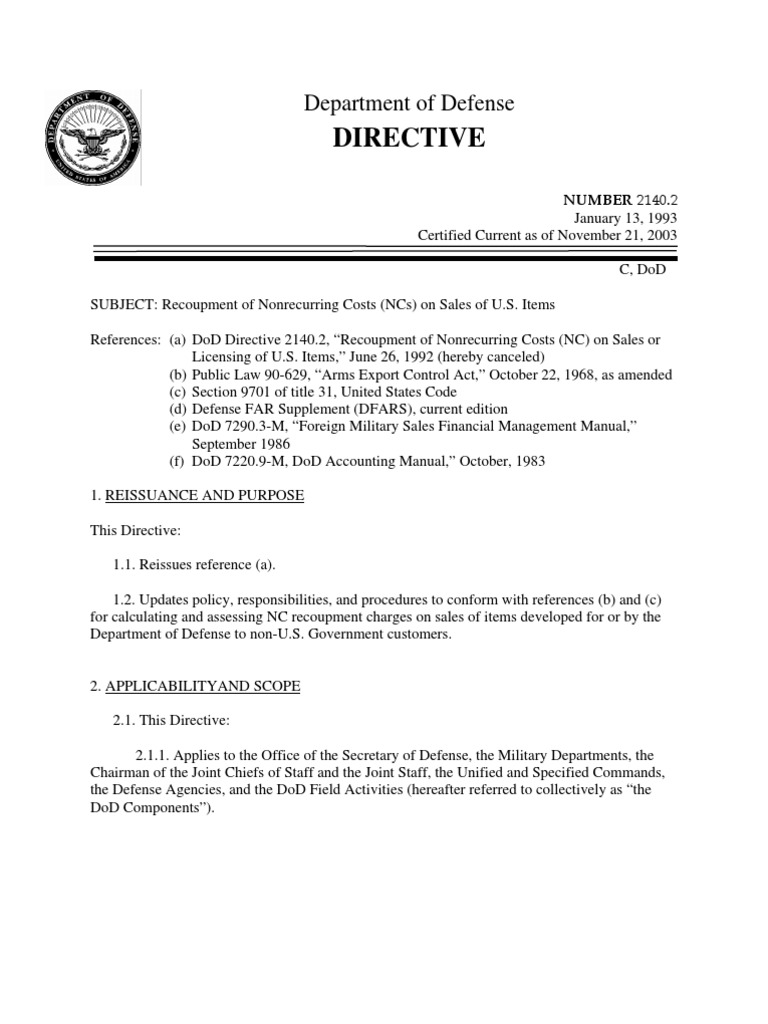 DoD Directive on Nonrecurring Cost Recoupment | PDF | United States ...