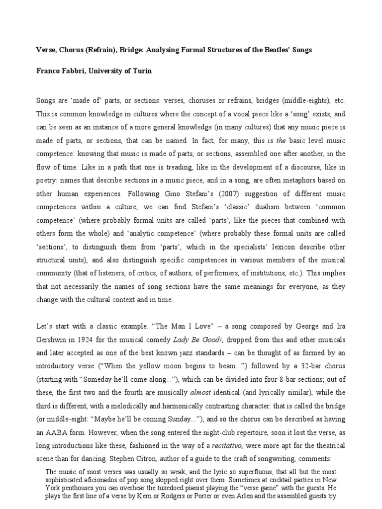 Verse, Chorus (Refrain), Bridge Analysing Formal Structures of the