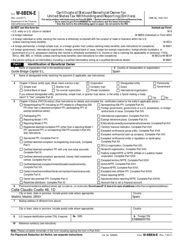 W8BENE Certificate of Status of Beneficial Owner for United States