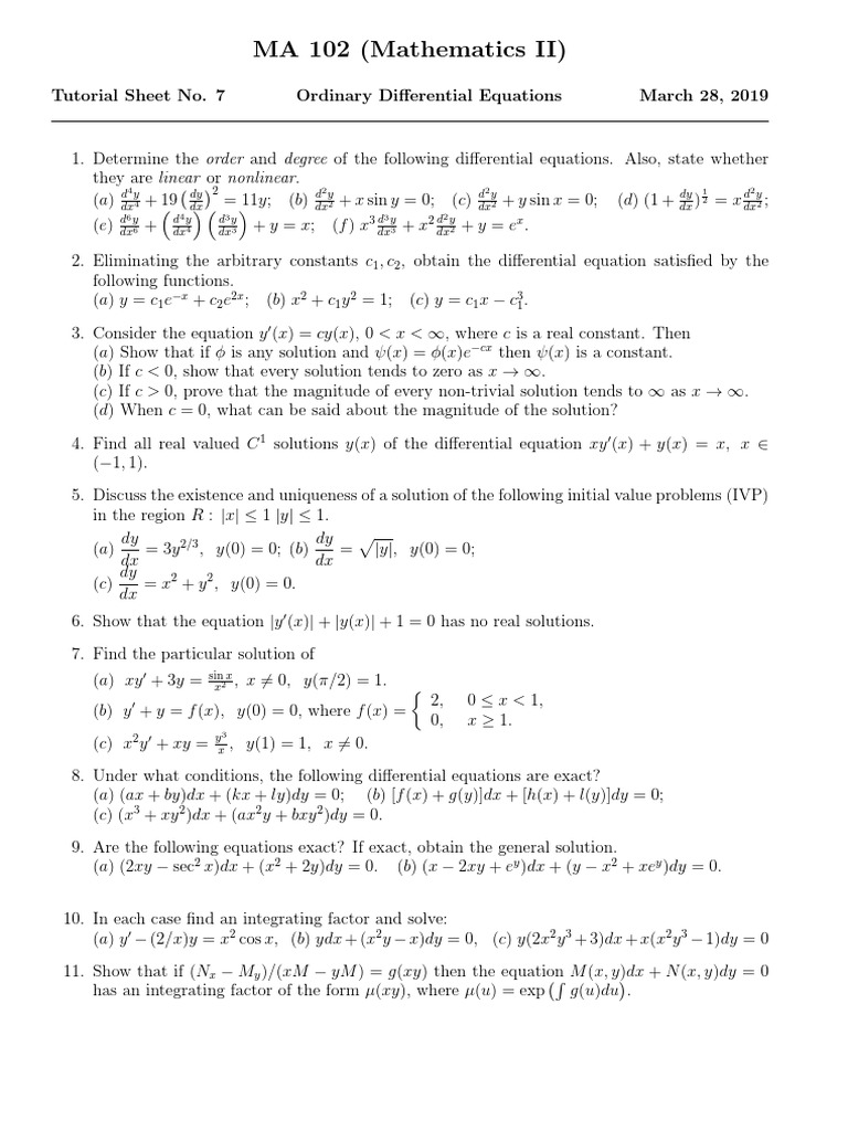 Tutorial 7 Ordinary Differential Equation Equations
