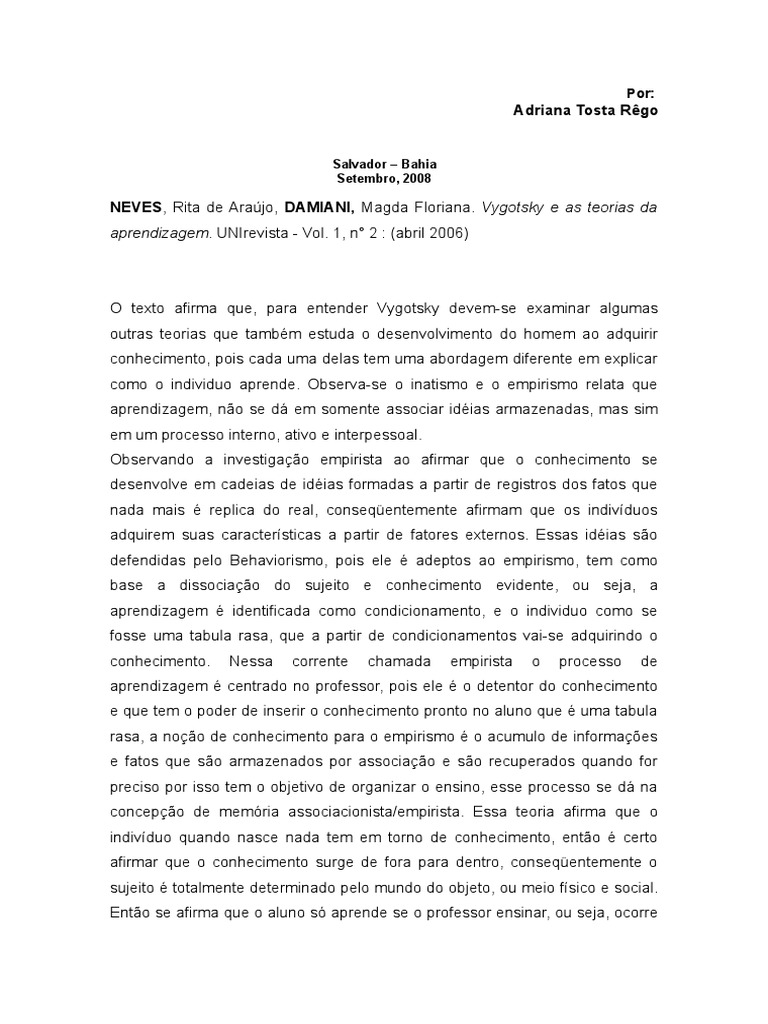Vygotsky e Teorias da Aprendizagem | PDF | Aprendizado | Marxismo