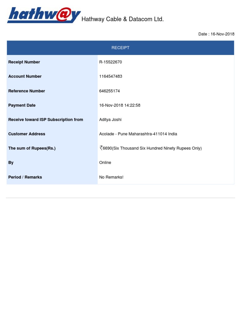 Hathway Cable & LTD. Receipt Number PDF