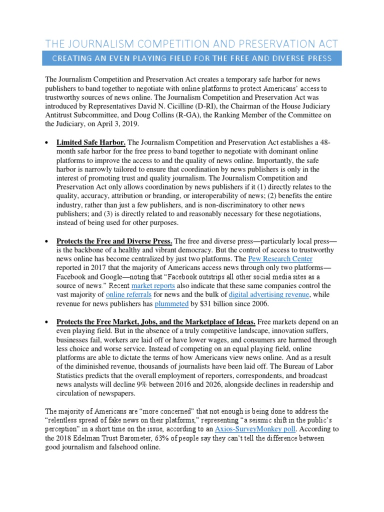 Journalism Competition and Preservation Act Fact Sheet PDF