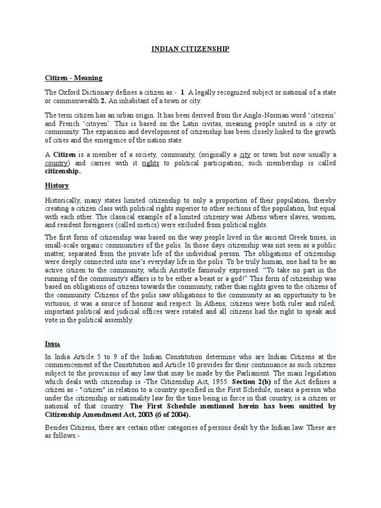Indian Citizenship Overview and Laws | PDF | Immigration ...