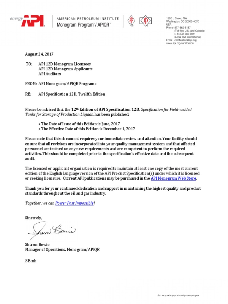API 12D Specification Update Notice | PDF