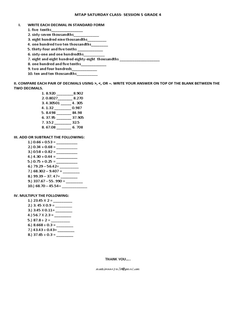Mtap Saturday Class-Session 5 Grade 4: I. Write Each Decimal in ...