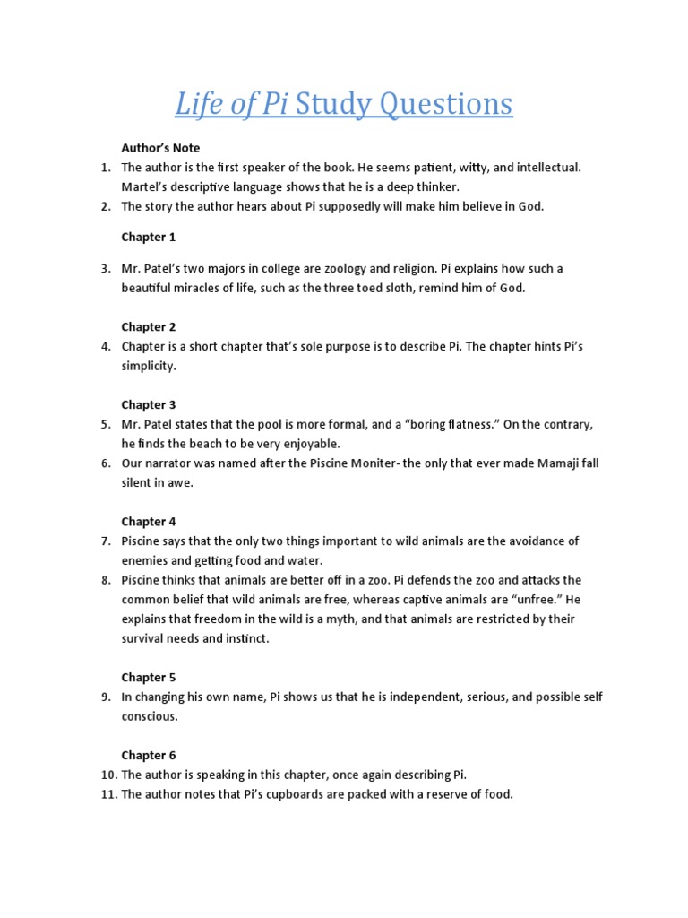 Life of Pi Study Questions
