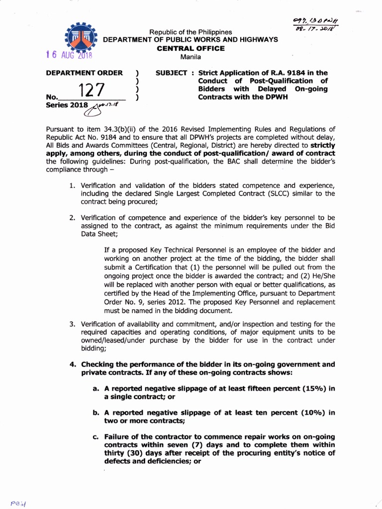DPWH Order 127: Post-Qualification Guidelines | PDF | Verification And ...