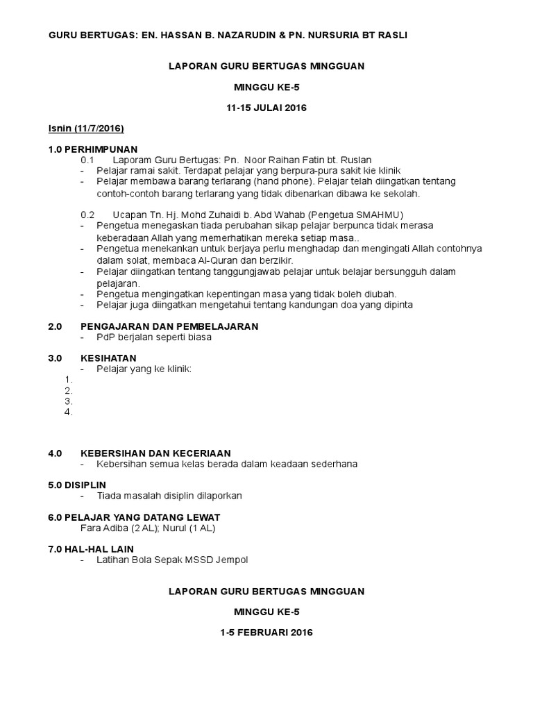 Laporan Guru Bertugas Mingguan Doc