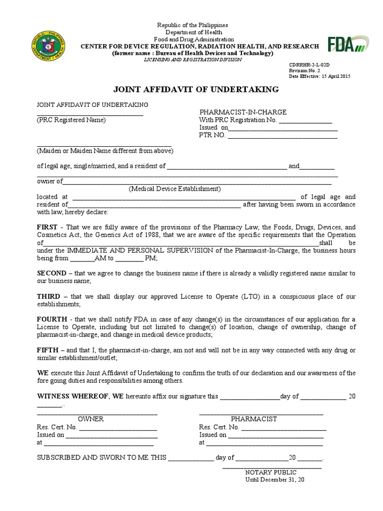02 D Joint Affidavit Undertaking PDF Food And Drug Administration