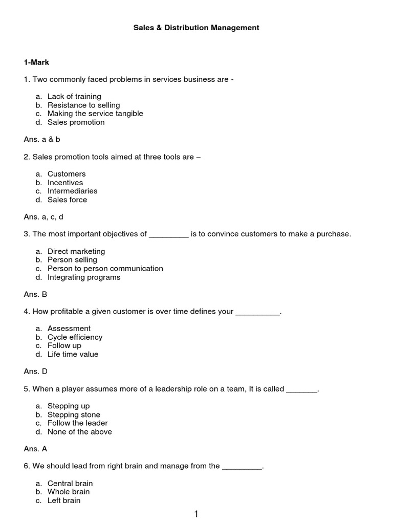 Marketing Sales & Distribution Management MCQ PDF Logistics Sales