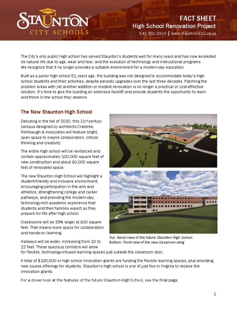 Staunton High School Renovation Fact Sheet PDF Taxes Economies