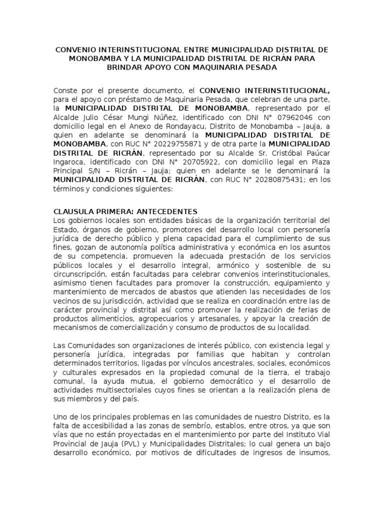 Convenio de Apoyo Vial entre Municipalidades | PDF | Gobierno local ...