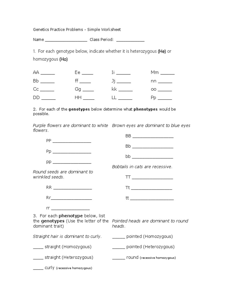Genetics Practice Problems  Dominance (Genetics)  Heredity In Genetics Practice Problems Simple Worksheet