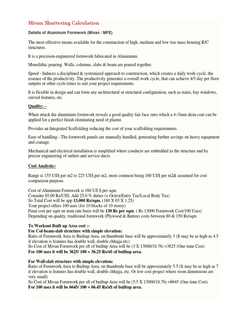 Mivan Shuttering Calculation PDF | PDF | Building Materials | Building ...