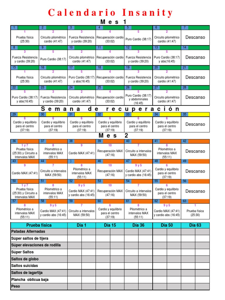 Calendario Insanity: Imprime tu rutina de ejercicios