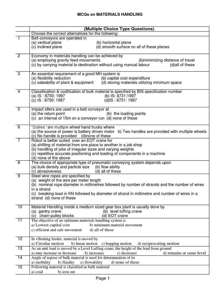MCQs On Materials Handling PDF Crane (Machine) Equipment