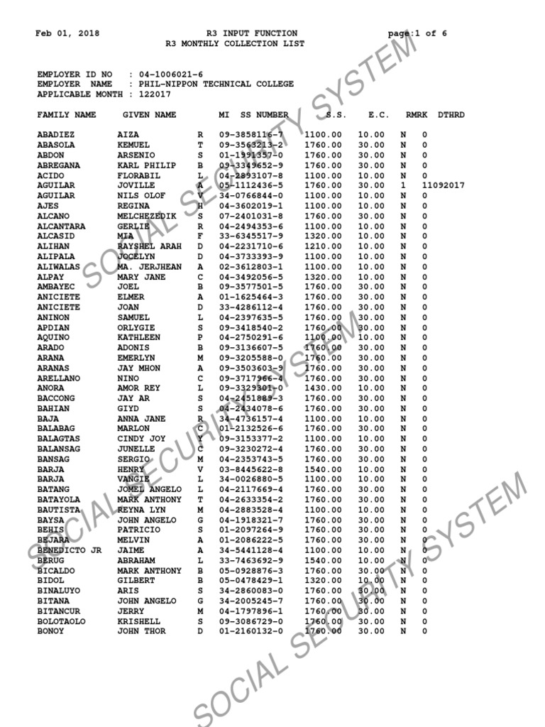 Social Security Monthly Collection List | PDF