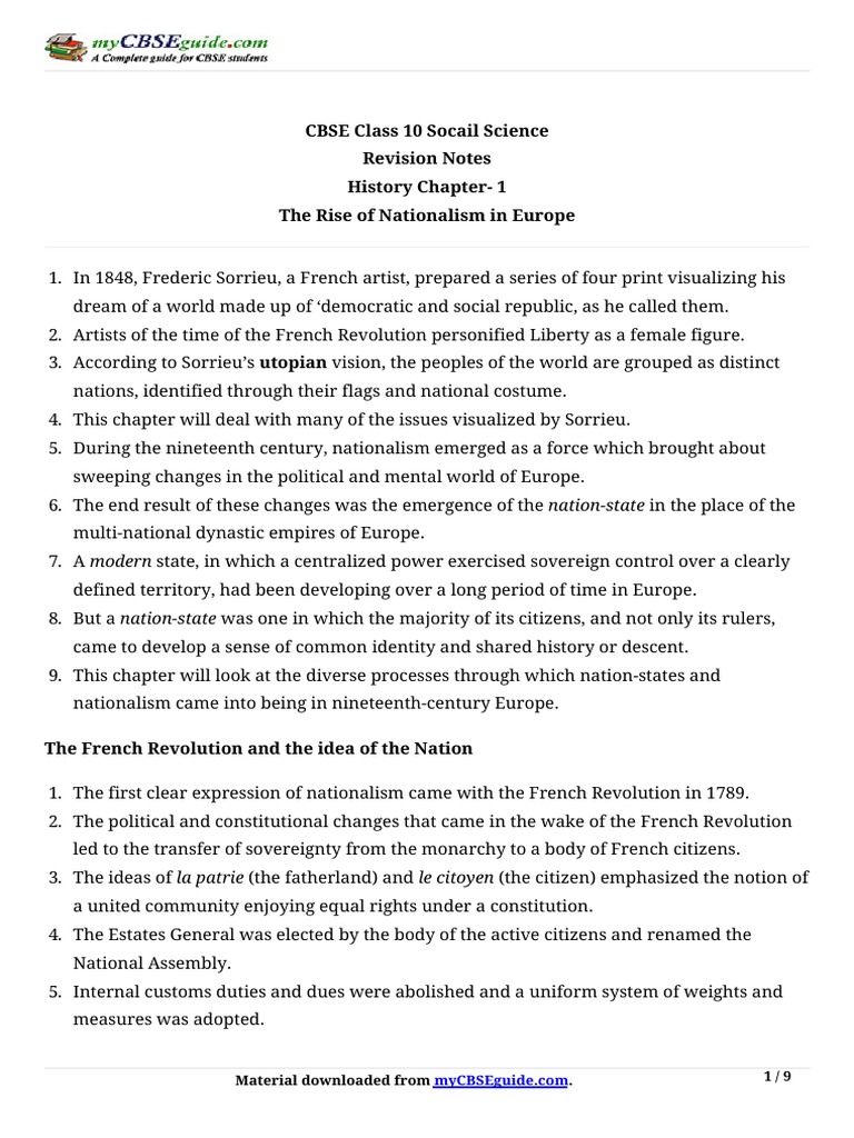 CBSE Class 10 History Notes Chapter 1 - The Rise of Nationalism in Europe.