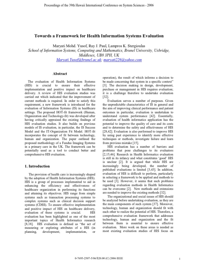 HOT-fit Framework for HIS Evaluation | PDF | Evaluation | Health ...