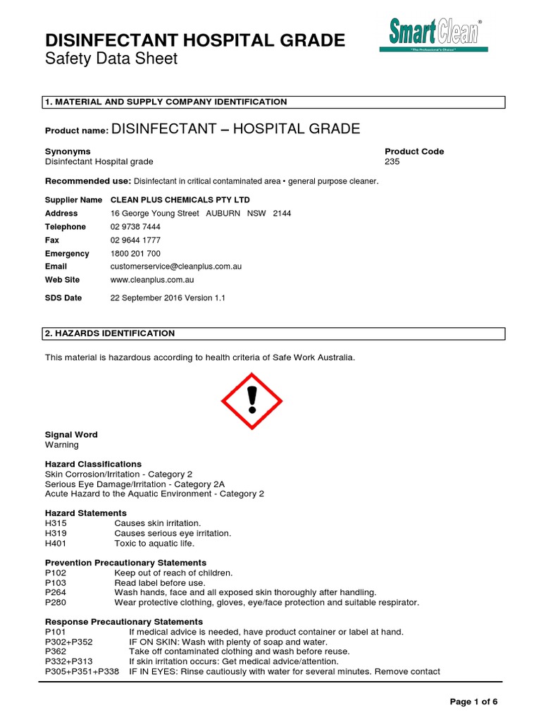 235 GHS Disinfectant Hospital Grade 0916 PDF PDF Dangerous