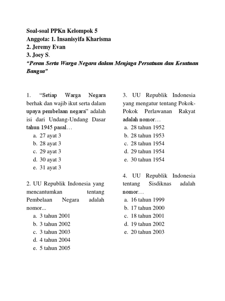 Soal Peran Serta Warga Negara Dalam Menjaga Persatuan Dan Kesatuan Docx