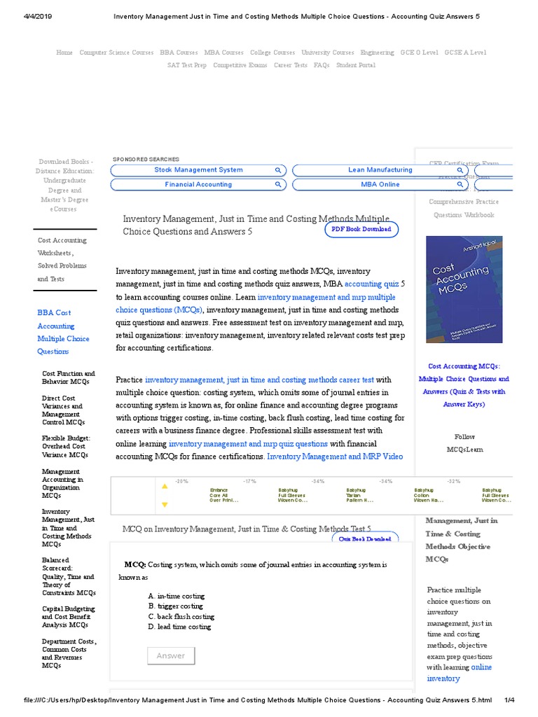 Inventory Management Just in Time and Costing Methods Multiple Choice