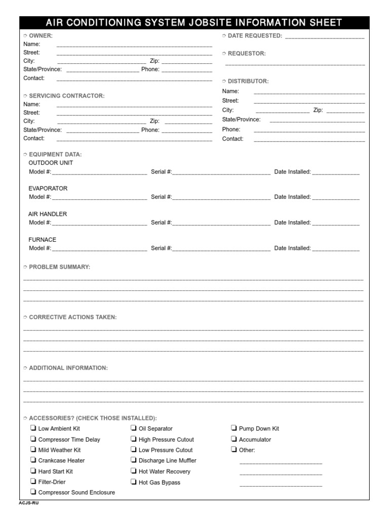 Air Conditioning System Jobsite Information Sheet Owner Date Requested