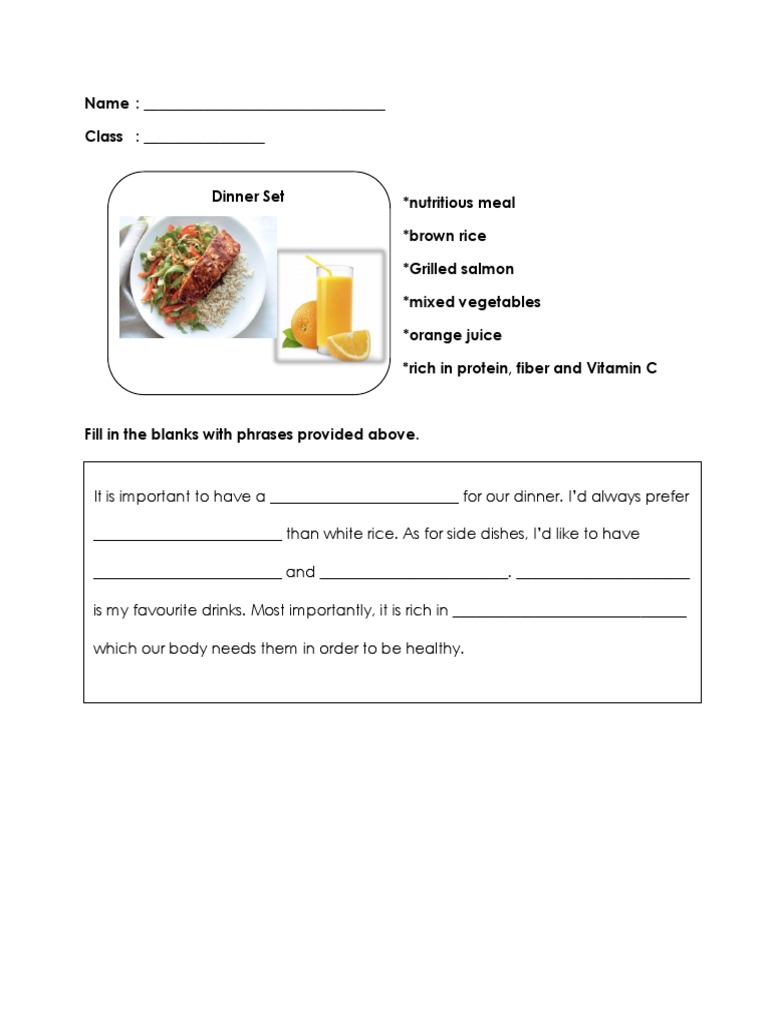 Nutritious Dinner Set Worksheet | PDF
