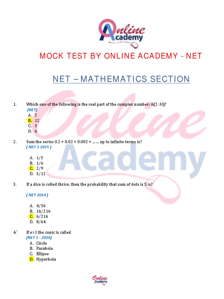 NET Mathematics Mock Test MCQs | PDF | Trigonometric Functions | Sine