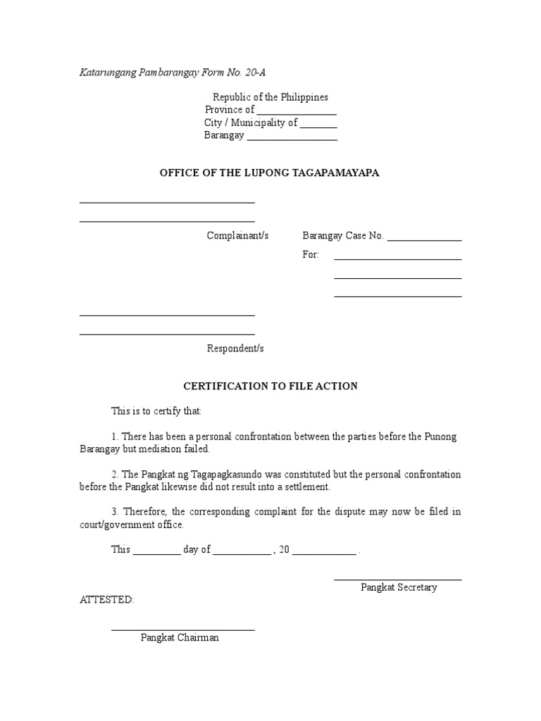 Certificate To File Action Brgy PDF