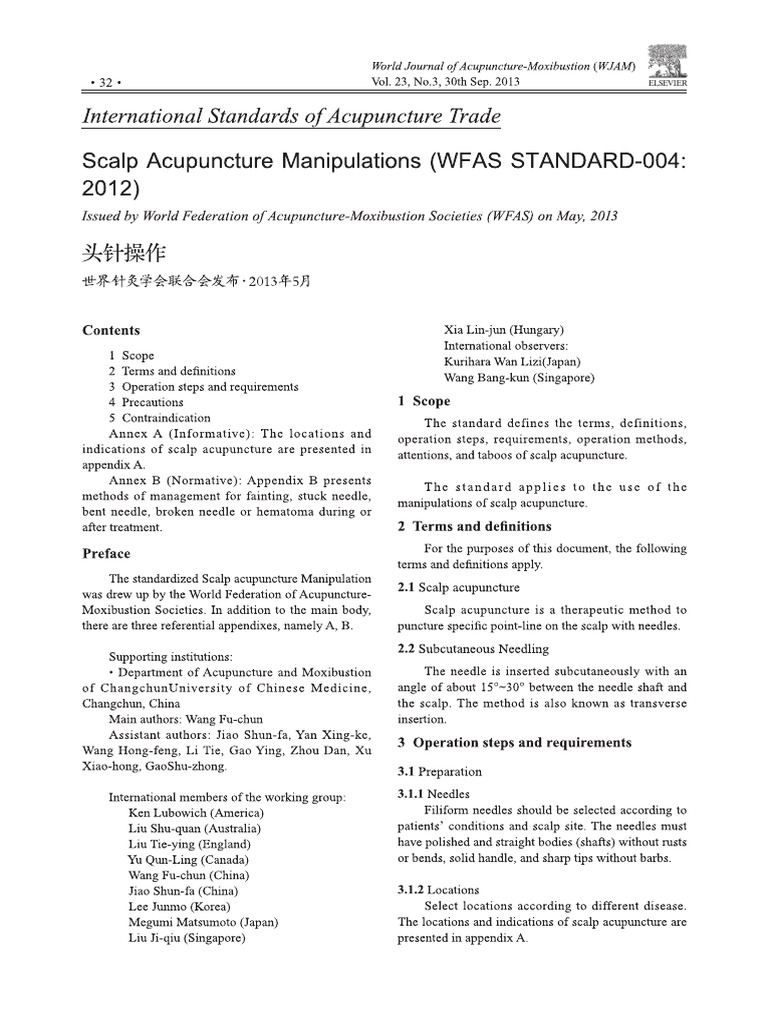 WFAS Standards for Scalp Acupuncture | PDF | Acupuncture | Anatomical ...