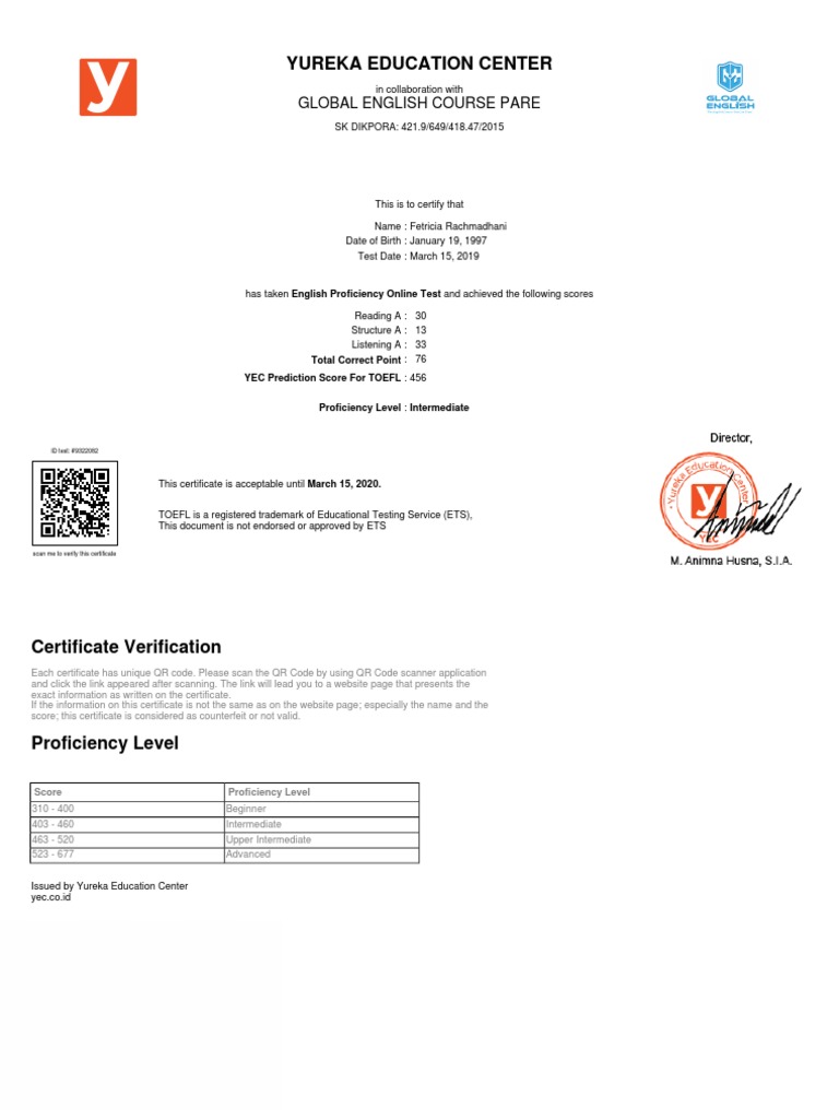 Toefl Certificate Test Of English As A Foreign Language Qr Code
