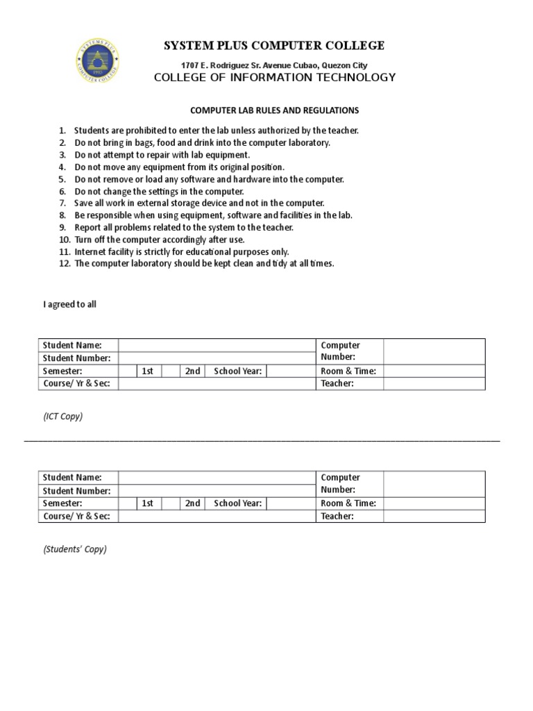 Computer Lab Rules at System Plus College | PDF