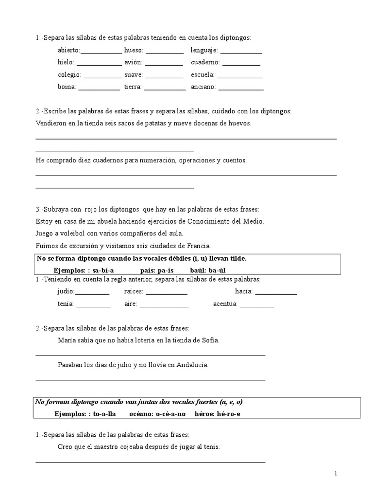 Ejercicios de Sílaba y Diptongos | PDF | Voz humana | Comunicación oral
