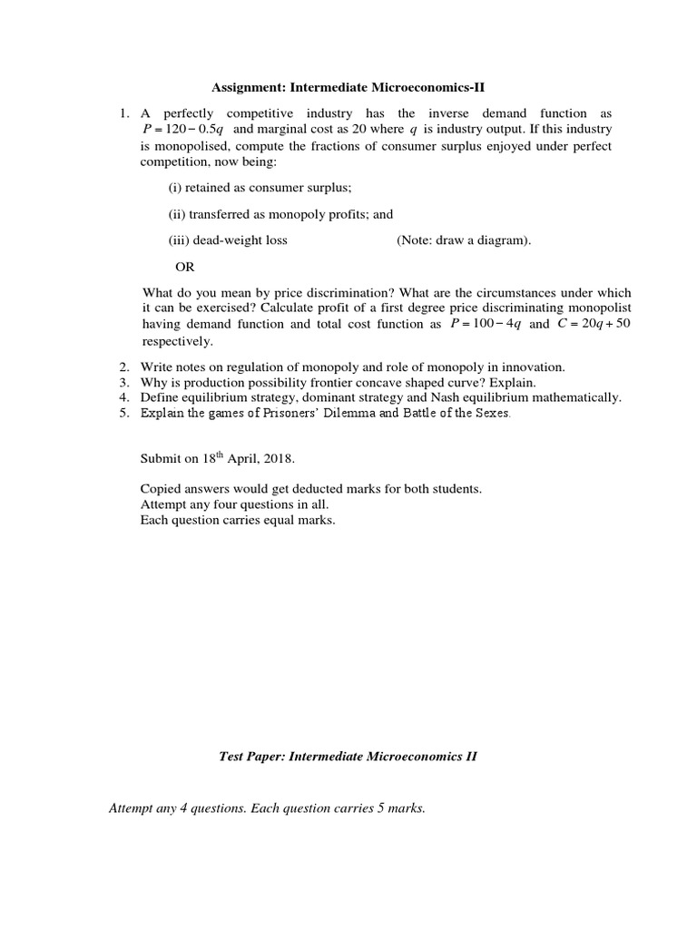 Intermediate Microeconomics II Assignment | PDF | Welfare Economics ...