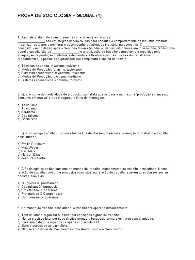 Prova de Sociologia: Questões e Teorias | PDF | Sociologia ...