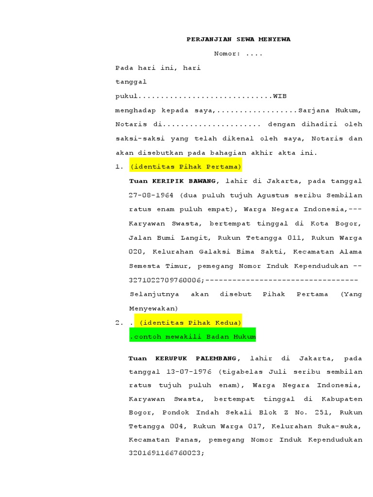 Contoh Akta Sewa Menyewa